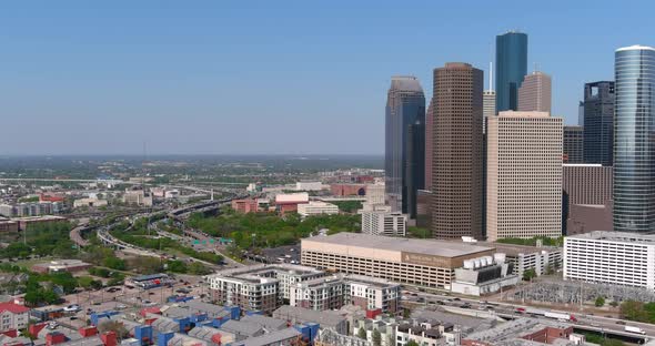 4k aerial of downtown Houston on a sunny day.