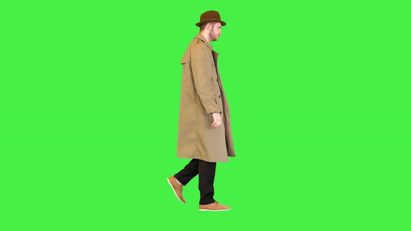 Confident Retro Private Detective Walk Wearing Beige Trench Coat and Hat Vintage Investigator Man on