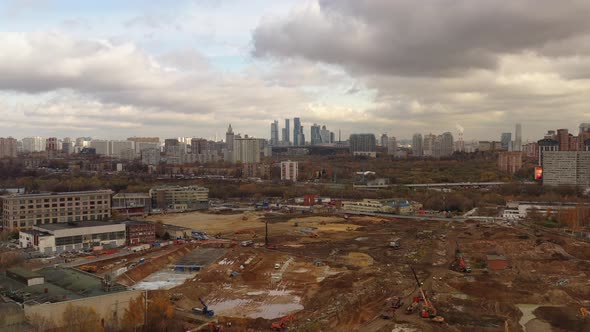 Aerial View of a Moscow Huge Area Where a Lot of Construction Equipment is Working and in the