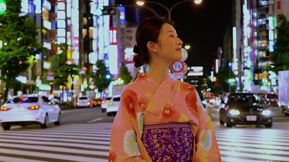 Japanese Woman Kimono Shinjuku Japan