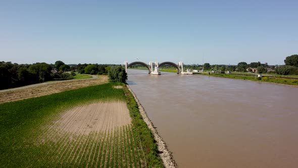 Lock and weir In Dutch River Lek Called Sluice Hagestein, aerial