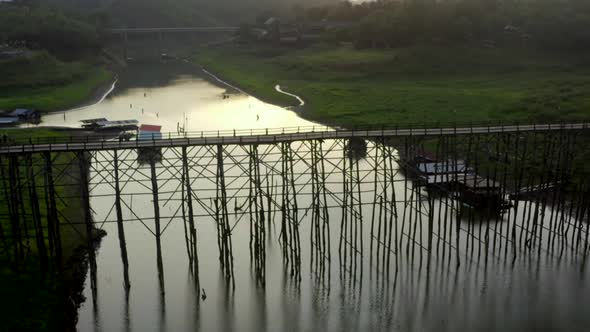 Mon Bridge Old Wooden Bridge at Sunset in Sangkhlaburi Kanchanaburi Thailand