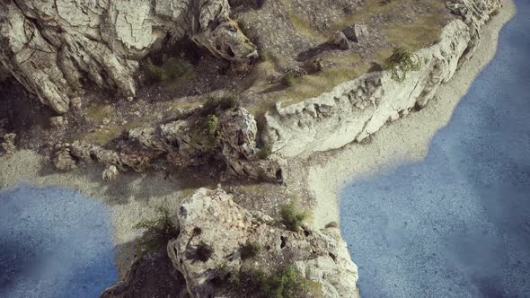 Aerial View From Flying Drone of Rocky Island in Atlantic Ocean