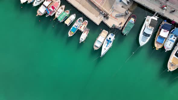 Yachts in the port aerial view 4 K Alanya Turkey