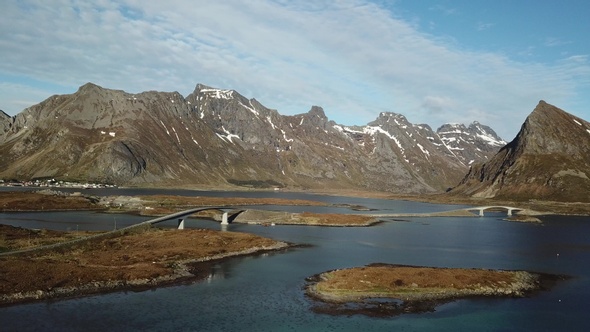 Norwegian landscape, view of the bridge over the fjord