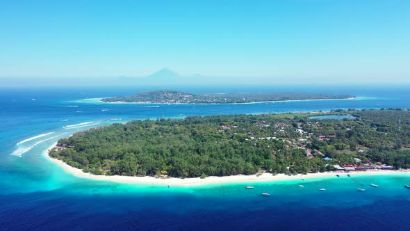 Aerial travel of marine lagoon beach vacation by blue green lagoon and bright sand background of a p