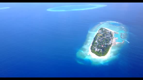 Aerial drone sky of tranquil tourist beach wildlife by turquoise lagoon with white sand background o