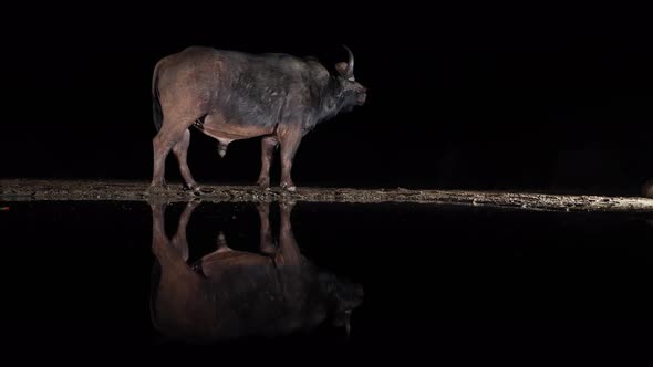 Profile of very still Cape Buffalo reflecting in black water at night