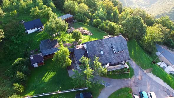 Aerial drone shot of a log cabin in Plitvice National Park Central Croatia