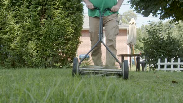 Using a push lawn mower to cuts grass