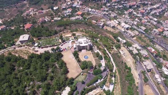 High Orbit Shot Of Old Castle Surrounded With Beautiful Green Landscape, Baissour Village, Lebanon