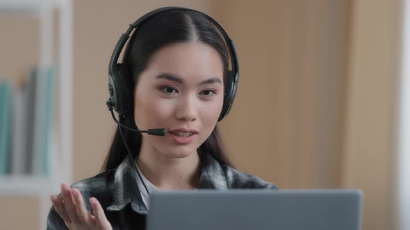 Portrait Asian Woman Student Girl Online Distant Teacher Wear Headset Talking Conference Call Speak