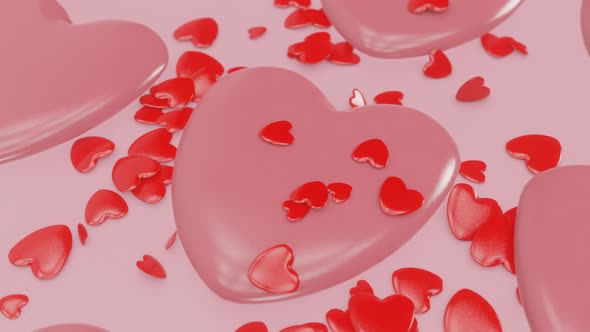 Lots of Red Hearts Falling on Pink Background