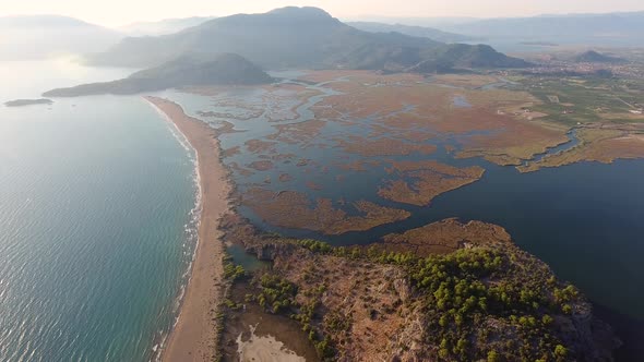 Aerial Swamp Wetland and Lake Next to Reed Delta by Sea