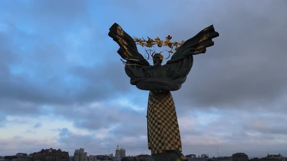 Monument on Independence Square in Kyiv at Dawn. Aerial View