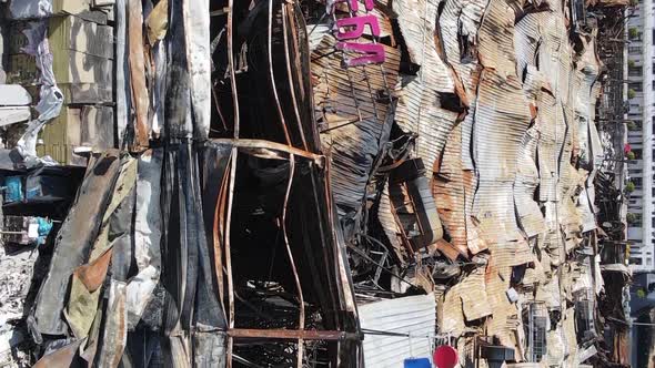 Vertical Video of a Destroyed Building of a Shopping Center in Bucha Ukraine