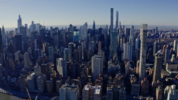 Drone Flying Over Manhattan Against Sky