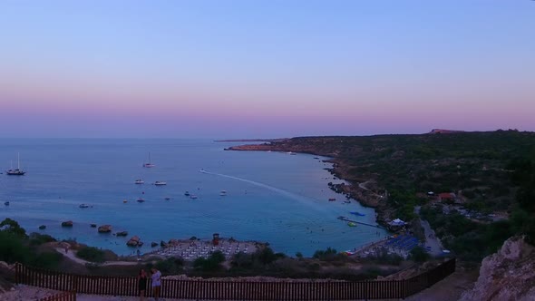 Drone views of world famous Konnos Beach in Mediterranean island of Cyprus late afternoon after suns