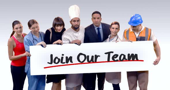 Various professional holding placard of join our team text