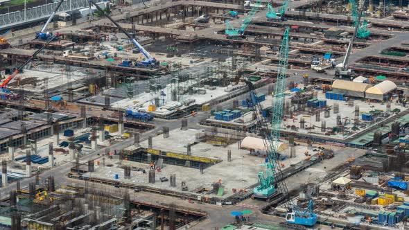 Time Lapse of Construction Site with Heavy Construction Machinery in Metropolis