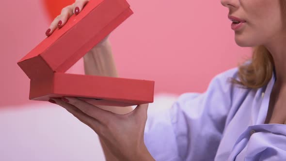 Woman Opening Gift Box With Jewelry, Long-Awaited Present for Valentines Day