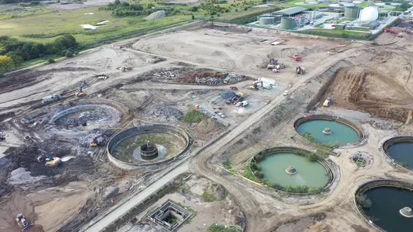 Aerial footage of purification tanks of modern wastewater treatment plant