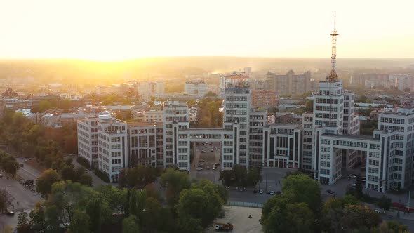 Distant Aerial Shot From the Copter of the Famous Soviet Building of Derzhprom in the Center of