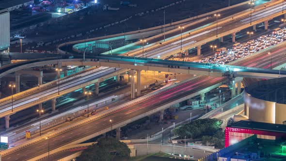 Dubai Downtown Street with Busy Traffic and Skyscrapers Around Timelapse