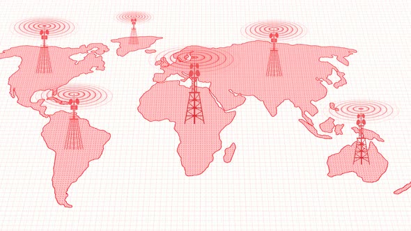 Red Color Network Tower Wave Signal Animated On World Map White Background