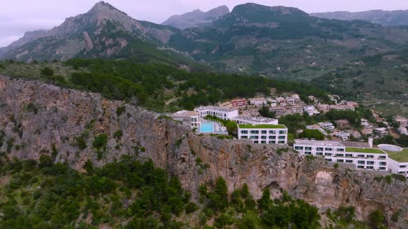 Aerial View of the Luxury Cliff House Hotel on Top of the Cliff on the Island of Mallorca