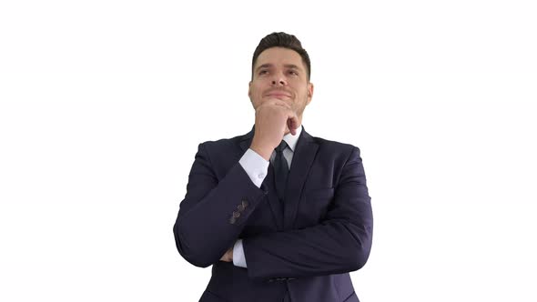 Business Man Thinking About His Future Plans Daydreaming on White Background.