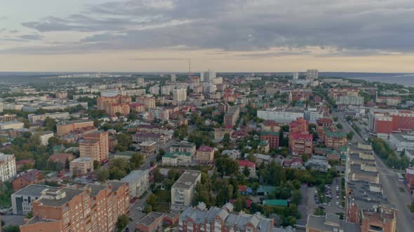 Aerial view of Ulyanovsk city. Morning sun shine on horizon