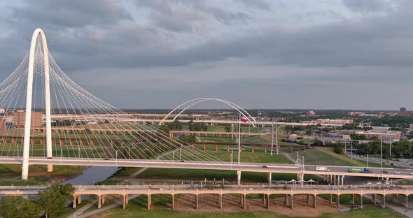 Drone view of the Margaret Hunt Hill Bridge in Dallas, Texas