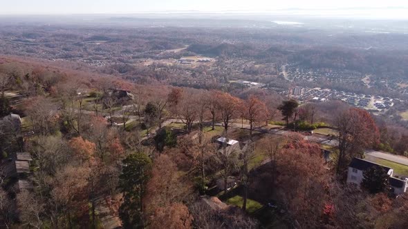 Panoramic Aerial Dolly in. Signal Mountain Chattanooga Tennessee. The hills forests and valleys duri