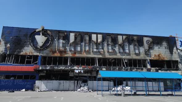 Wartorn Building of a Shopping Center in Bucha Ukraine