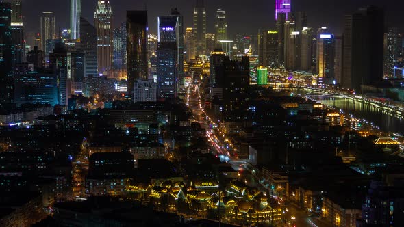 Tianjin Night Aerial Cityscape China Zoom Out