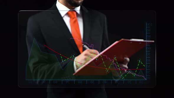 Touchscreen and Appears Ascending Financial Chart, Then Diagrams Against Background Businessman in a