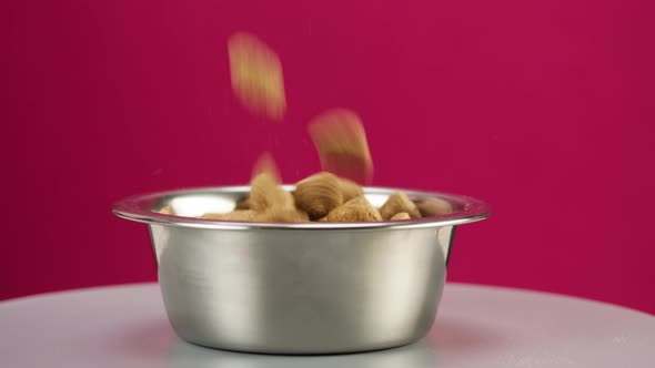 Pouring Dry Dog Food Into Metal Bowl Closeup