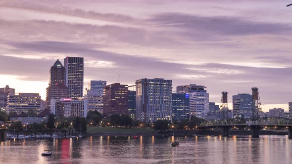 Time Lapse downtown Portland Oregon skyline at golden hour.