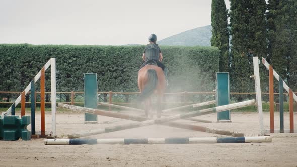 Kid on horse jumping over barrier.