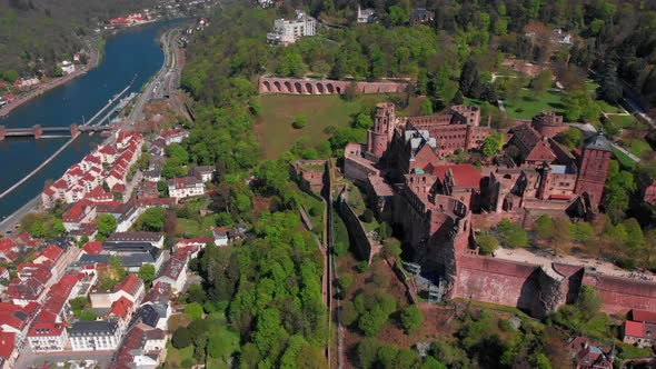 Beautiful top view of the old part of the city. Spring. Green leaves on the trees.