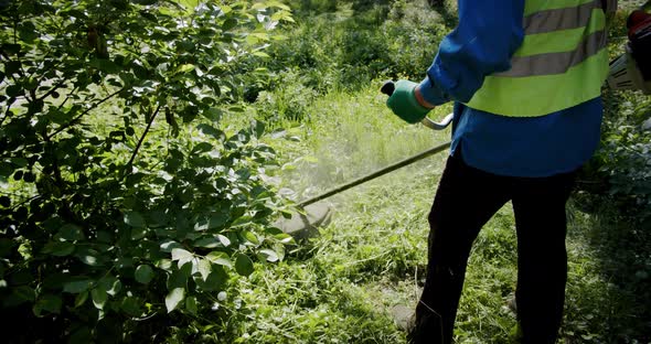 Worker Mows the Grass on the Lawn with a Gasoline Mower, Slow Motion Midel Shot.