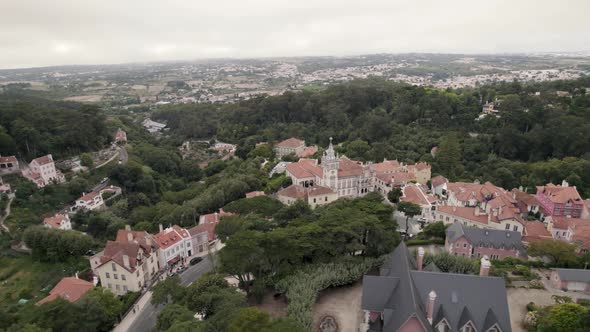 Extravagant Sintra Town Hall building against Natural Park , Portugal. Orbiting shot