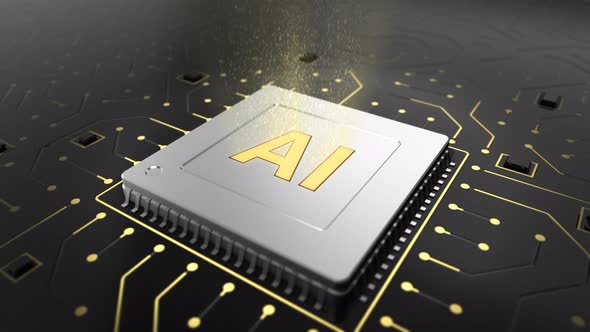 3d render of computer chip over circuit background with AI sign.