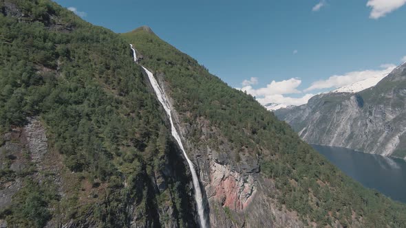 Powerful endless waterfall stream in Norway, aerial ascend view