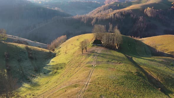 Flying Above Colorful Autumn Countryside Forest in the Mountains