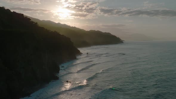 Aerial drone of Sunset in the sea, La Guajira Colombia, slowmo