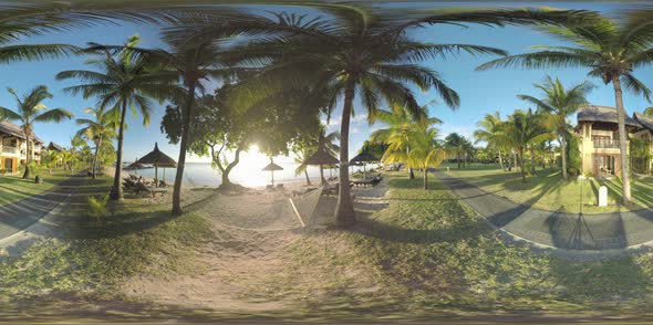 360 VR Sunset Scene of Tropical Resort on Ocean Coast, Mauritius