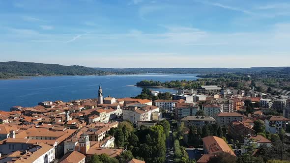 Aerial view of Arona, italian town on lake Maggiore