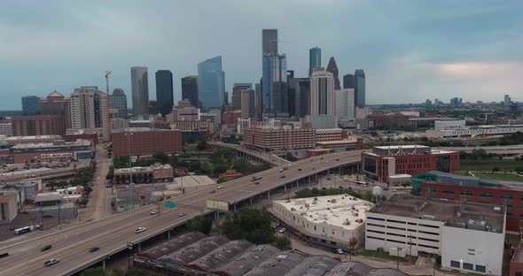 Drone view of downtown Houston on a cloudy day